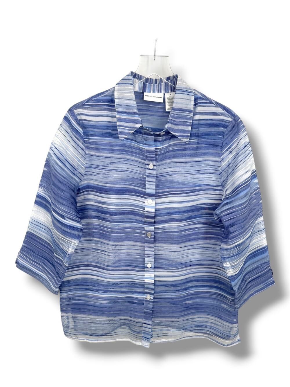 Alfred Dunner blouse women's 16 sheer striped 3/4 sleeve button blue nautical